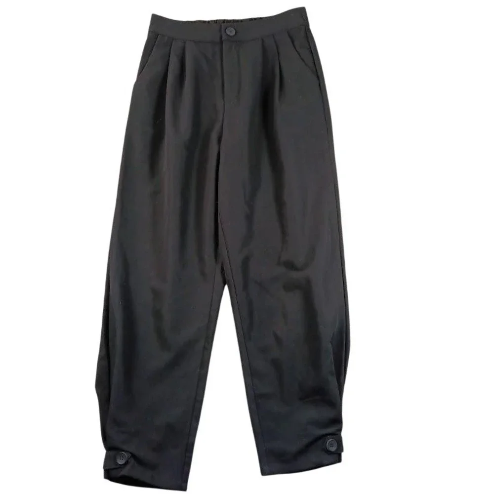 Tapered Dress Pants Womens Small Black Pleated Crepe Elastic Waist‎ Button Hem